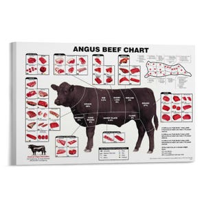 May include: Angus beef chart on a white canvas. The chart shows a diagram of a black cow with labeled cuts of meat, including chuck, rib, short loin, sirloin, and round. Additional diagrams show various cuts of beef.