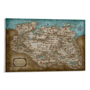 May include: A canvas print of the Skyrim map, featuring a detailed, aged design with a brown and blue color scheme. The map includes geographical features, settlements, and a compass rose. The text "SKYRIM" and "GameBanshee" are visible.