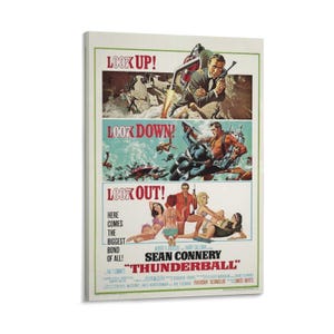 May include: A framed vintage movie poster for "Thunderball" featuring Sean Connery. The poster has three panels with action scenes and the text "LOOK UP!", "LOOK DOWN!", and "LOOK OUT!". The poster is rectangular and has a green border.