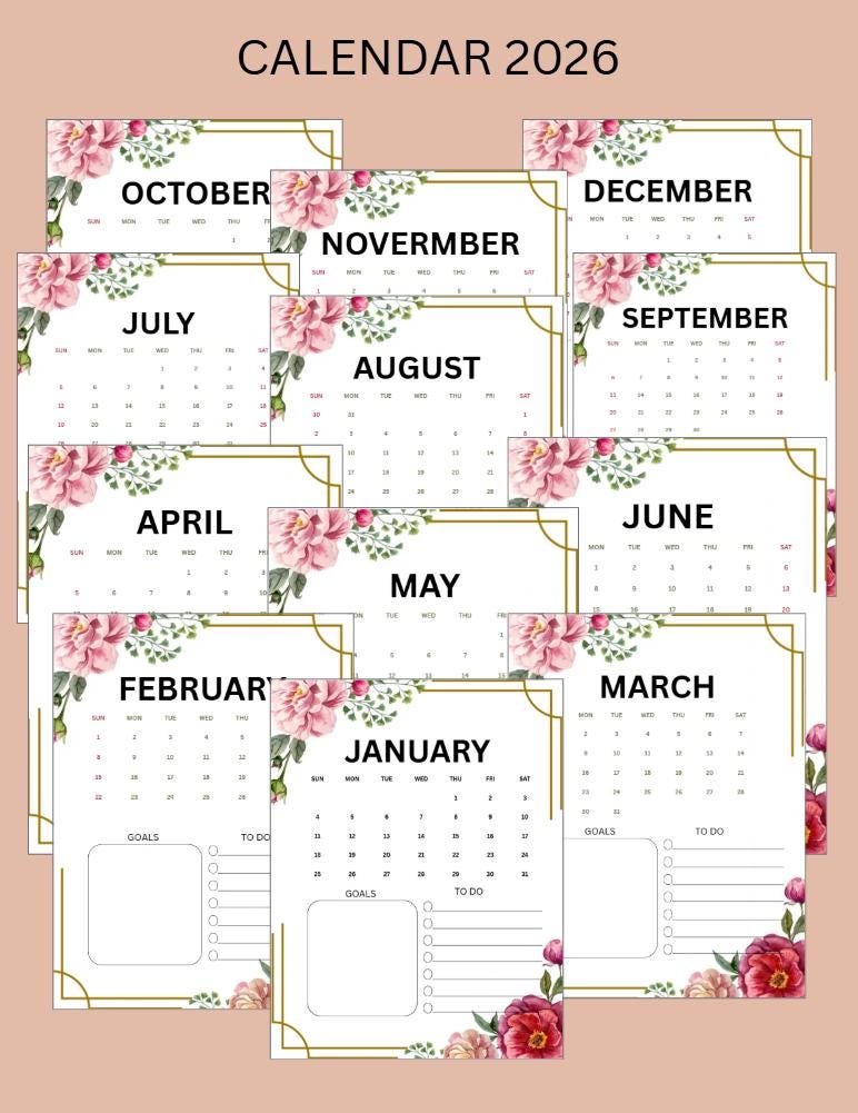 Calendário Floral 2026 para Imprimir \ Planejador de Parede Elegante ...