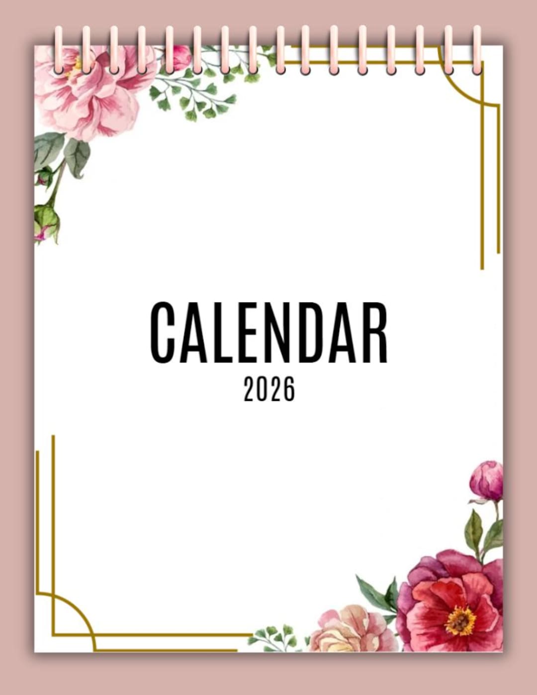 Calendário Floral 2026 para Imprimir \ Planejador de Parede Elegante ...