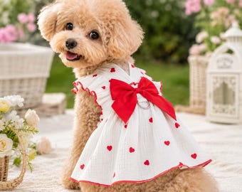 Vestido para animais de estimação com estampa de coração, vestido com laço para filhotes, roupa para cães pequenos, roupa para gatos.