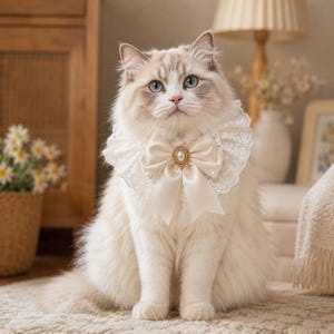 Könnte beinhalten: Eine cremefarbene Katze mit blauen Augen trägt einen cremefarbenen Spitzenkragen mit einer Satinschleife. Die Schleife hat eine goldfarbene Mitte mit einem Perlenakzent. Die Katze sitzt auf einem hellen Teppich.