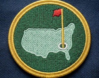 Round Masters Golf Patch, Green & Gold USA Map Embroidered Iron On, Masters Tournament Applique for Polo Hat Bag, Golf Fan Gift, DIY