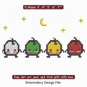 May include: An embroidery design file featuring four pixelated characters in silver, green, yellow, and red. The design includes a crescent moon and stars. The file offers five sizes: 3", 4", 5", 6", and 7".