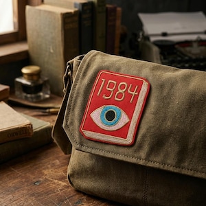 May include: Olive green canvas messenger bag with a red patch featuring the number "1984" and an eye design. The bag is on a wooden surface with books and an inkwell in the background. A vintage typewriter is also visible.