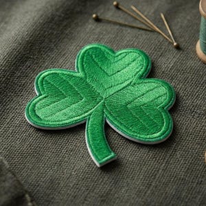 May include: A green embroidered shamrock patch with a white border. The cloverleaf design is detailed with textured stitching. Two spools of green thread and pins are in the background. A St. Patrick's Day themed item.
