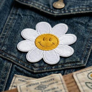 May include: A white daisy patch with a yellow smiling face is sewn onto a blue denim jacket pocket. The patch has a detailed embroidered design. The jacket has a button closure and visible stitching.