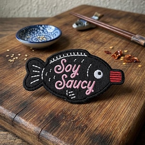 Soy Saucy Fish Patch, Funny Sushi Soy Sauce Bottle Iron On, Japanese Food Pun Embroidered Badge, Cute Foodie Gift, Kawaii Kitchen Applique
