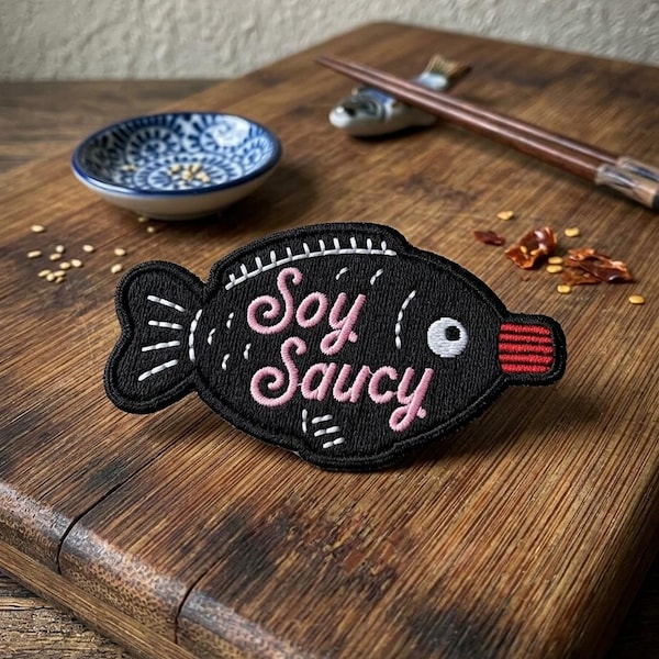 Soy Saucy Fish Patch, Funny Sushi Soy Sauce Bottle Iron On, Japanese Food Pun Embroidered Badge, Cute Foodie Gift, Kawaii Kitchen Applique