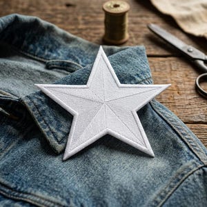 May include: A white embroidered star patch with a white border is placed on a denim jacket. The star has a textured appearance with detailed stitching. A spool of thread and scissors are in the background, suggesting a sewing or crafting theme.