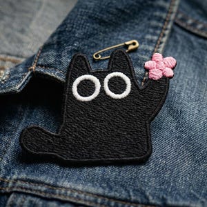 Cute Black Cat Embroidered Patch - Minimalist Kitty Iron On Patch, Pink Flower Cat Badge