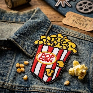 May include: A denim jacket with a popcorn patch, kernels, and a vintage ticket. The popcorn patch is red and white with the words "Pop Corn". Other patches include a film reel and a movie camera.