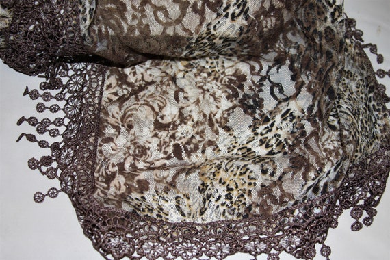 Silk Lace Scarf / Shawl - Brown Floral Animal Pri… - image 6
