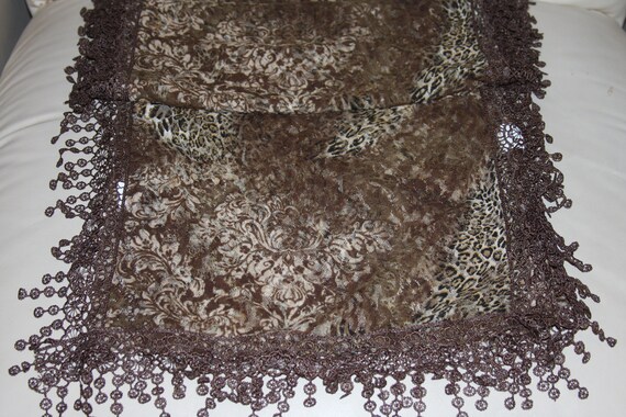Silk Lace Scarf / Shawl - Brown Floral Animal Pri… - image 5