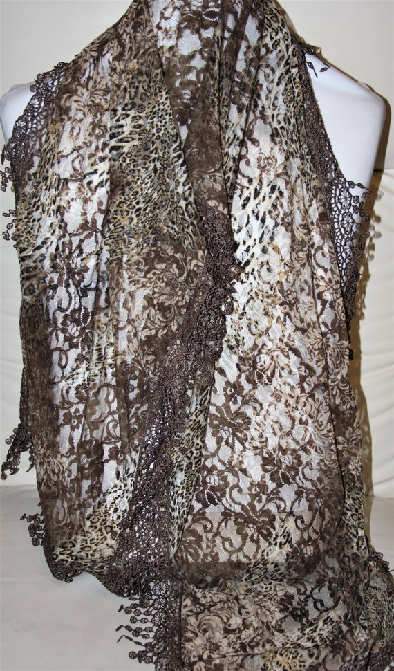 Silk Lace Scarf / Shawl - Brown Floral Animal Pri… - image 1
