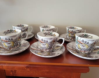 Yorkshire Staffordshier Ironstone 6 cups 7 saucers - Handpainted - Made in England - Farm Scene