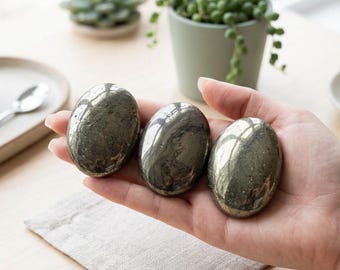 Natural Pyrite Oval Stone, Metallic Golden Mineral, Genuine Crystal Specimen, Jewelry, Home Office Decor