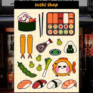 Può includere: Un foglio di adesivi in vinile con illustrazioni a tema sushi. Il foglio include immagini di rotoli di sushi, tempura di gamberi, un personaggio di pesce e altri alimenti giapponesi. Le parole "sushi shop" e "Sticker sheet" sono visibili.
