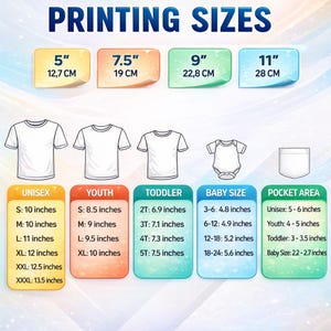 DTF transfer printing size chart showing multiple dimensions for adults and kids shirts, custom Disney vacation designs, ready press iron on film options for family matching apparel
