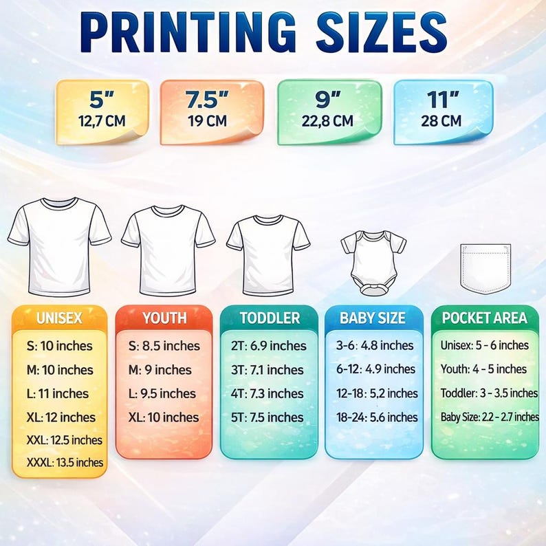 DTF transfer printing size chart showing multiple dimensions for adults and kids shirts, custom Disney vacation designs, ready press iron on film options for family matching apparel