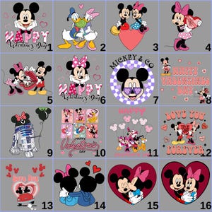 Grid layout displaying multiple Minnie and Mickey Valentine DTF designs with hearts, love phrases, and romantic themes. This image helps buyers review individual design styles included in the bundle, ideal for Valentine shirts, couple apparel, kids outfits, and family matching clothing projects using heat transfer printing.