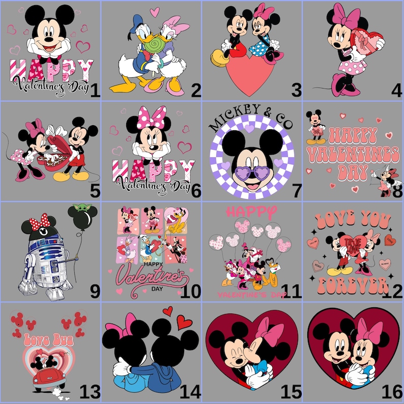 Grid layout displaying multiple Minnie and Mickey Valentine DTF designs with hearts, love phrases, and romantic themes. This image helps buyers review individual design styles included in the bundle, ideal for Valentine shirts, couple apparel, kids outfits, and family matching clothing projects using heat transfer printing.