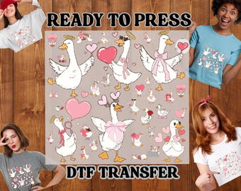 26 piezas de diseños de ropa con estampado de gansos kawaii para San Valentín, listos para transferir.