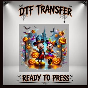 May include: A DTF transfer sheet featuring Mickey and Minnie Mouse in Halloween costumes, including a witch hat and colorful dress, surrounded by glowing jack-o'-lanterns, bats, and a castle silhouette. The text reads DTF TRANSFER READY TO PRESS.