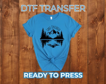 Diseño de camiseta para camping en la naturaleza con estampado de paisaje montañoso del lago Ontario (listo para imprimir).
