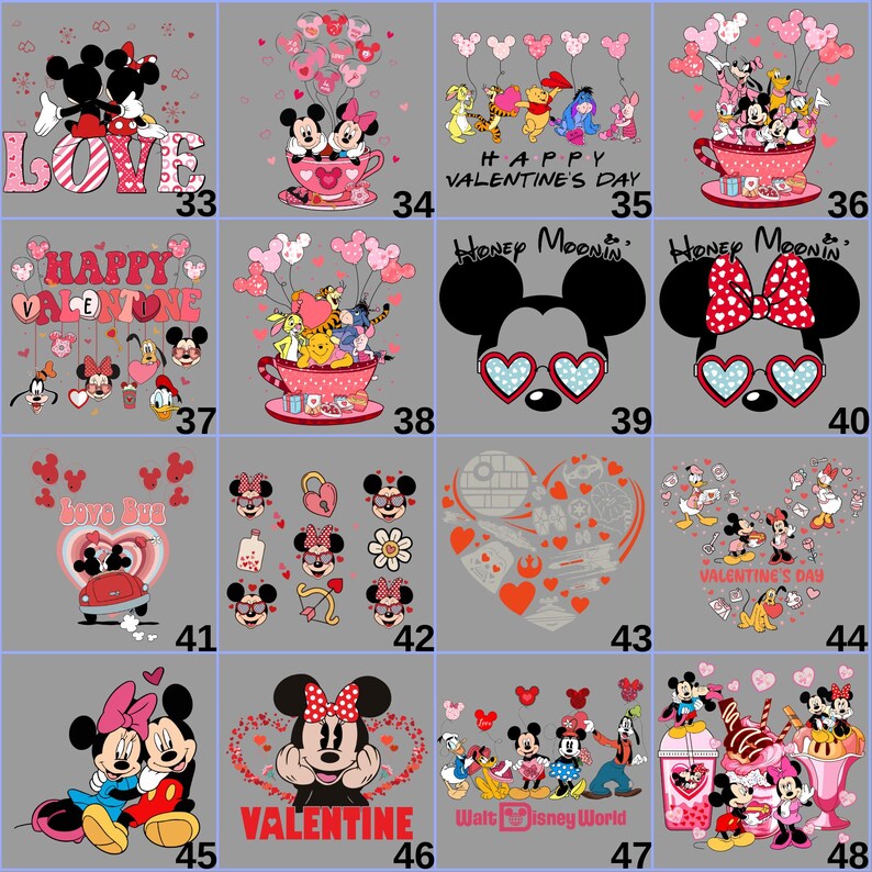 Detailed grid showing additional Valentine DTF transfer options with romantic illustrations and playful love messages. This image emphasizes bundle depth and selection, helping buyers understand they receive many usable designs for Valentine’s Day apparel, DIY shirt making, and small business heat press production.
