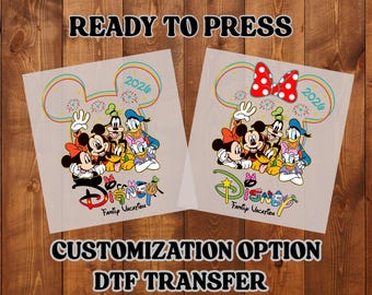 Camiseta personalizada con diseño de transferencia DTF para viaje familiar a Disney 2026, lista para imprimir, ideal para vacaciones.
