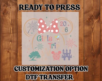 Viaje de chicas 2026 Transferencia DTF Cuatro parques Minnie Bow Campanilla Vacaciones Disney Listo para planchar