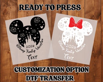 Personalización 2026 Disney DTF Transferencias Vacaciones Familiares Mickey Minnie Castillo personalizado Listo para imprimir