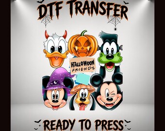 Transferencia de Halloween de Disney, camiseta de Halloween de Mickey y sus amigos, estampado de personajes espeluznantes, listo para planchar.