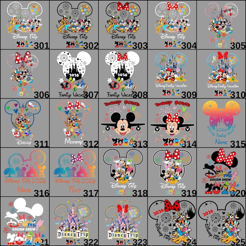 Disney family trip DTF transfer featuring Mickey and Minnie artwork, ready to press for tee shirts, hoodies, and sweatshirts. Ideal for Disneyland group shirts, family vacations, and matching outfits with professional quality heat press results.
