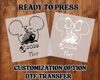 Transferencia DTF personalizada de silueta de Mickey y Minnie de Disney 2026, lista para planchar, para vacaciones familiares, San Valentín, texto de amor
