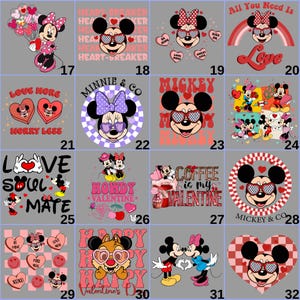 Extended grid of Valentine-themed cartoon DTF transfer designs featuring Minnie and Mickey inspired couples, heart graphics, and love typography. This image highlights variety and creativity, appealing to sellers who need multiple Valentine concepts for shirts, hoodies, and sweatshirts ready for heat press application.