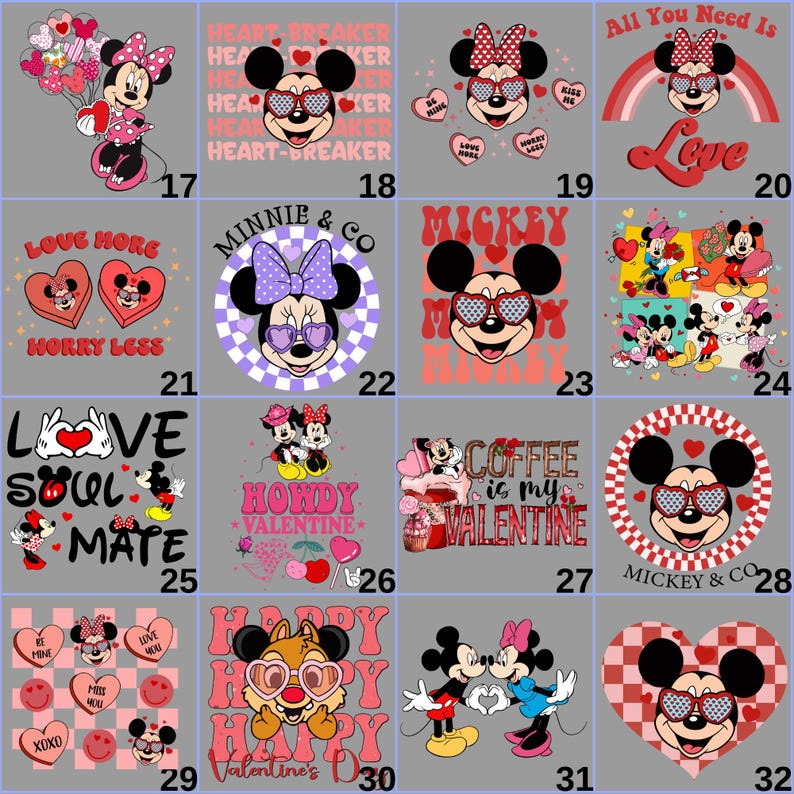 Extended grid of Valentine-themed cartoon DTF transfer designs featuring Minnie and Mickey inspired couples, heart graphics, and love typography. This image highlights variety and creativity, appealing to sellers who need multiple Valentine concepts for shirts, hoodies, and sweatshirts ready for heat press application.