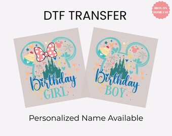 Disney Birthday DTF Transfer Ready To Press Custom Name Balloon Castle Print Kids Shirt Iron On Thermal