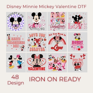 Disney Minnie Mickey Valentine DTF transfer bundle cover image showing 48 different Valentine-themed designs, clearly labeled iron on ready and ready to press. This image communicates bundle value for buyers looking for multiple Valentine heat transfer options for shirts, sweatshirts, and hoodies, targeting DIY creators and small businesses producing Valentine apparel.