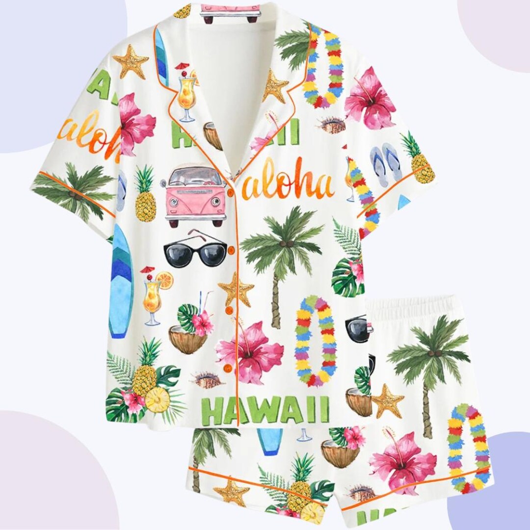Hawaii Aloha Pajama Set – Tropical Floral Retro Beach Women’s Sleepwear ...