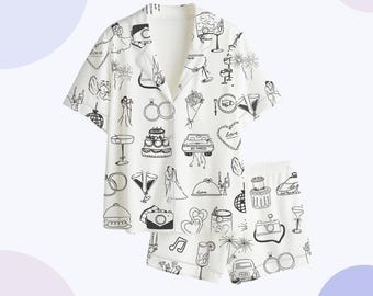 Women’s Wedding Pajamas, Bridal Print Sleepwear, Button Up Lounge Set, Gift for Bride