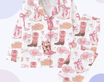 Coquette Cowgirl Pajama Set, Pink Western Boots & Bows Sleepwear