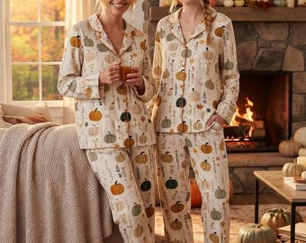 Conjunto de pijama com estampa de abóbora de outono – Roupa de dormir floral de outono – Presente de pijama para o Halloween e o Dia de Ação de Graças para mulheres