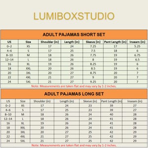 May include: A chart from LUMIBOXSTUDIO with size measurements for adult pajama sets. The chart includes measurements in inches for shoulder, length, sleeve, pant length, and inseam for both short and long sets. The text "ADULT PAJAMAS SHORT SET" and "ADULT PAJAMAS LONG SET" are visible.