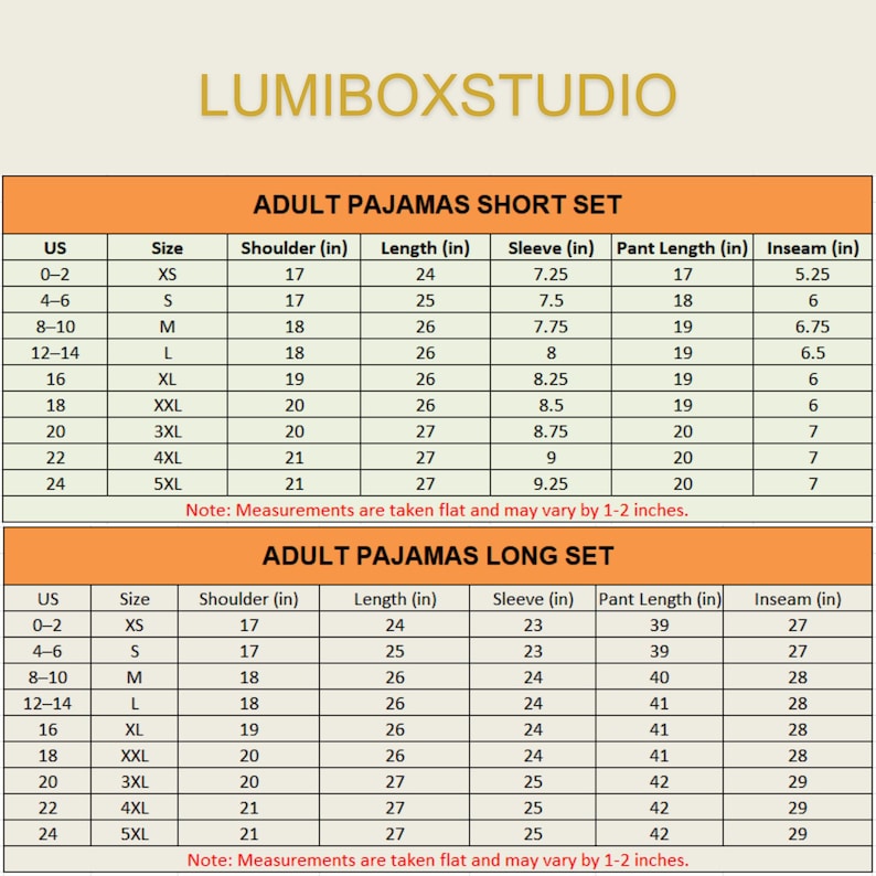 May include: A chart from LUMIBOXSTUDIO with size measurements for adult pajama sets. The chart includes measurements in inches for shoulder, length, sleeve, pant length, and inseam for both short and long sets. The text "ADULT PAJAMAS SHORT SET" and "ADULT PAJAMAS LONG SET" are visible.