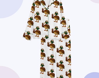 Pyjamasset i satin med ankmönster, pyjamas för kvinnor, pyjamaspresent till henne