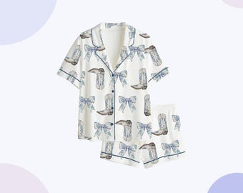 Western Cowgirl Pyjama Set - Stiefel & Schleifen Print Damen Nachtwäsche