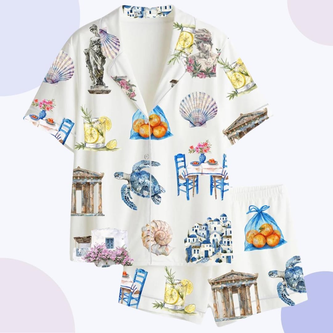 Greek Pyjamas Greek Summer Watercolor Pajama Set – Mediterranean Women’s Sleepwear - Etsy